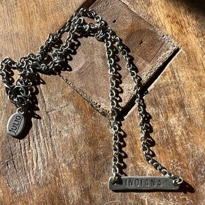Rustic Indiana Stamped Silver toned Metal Necklace